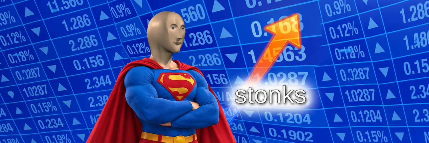 Super Stonk in a blue suit and red cape as the market rockets up